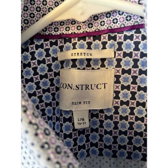 Construct Mens Size 15.5/32-33 Blue Long Sleeve Button Front Shirt Dotted Slim - Picture 4 of 4